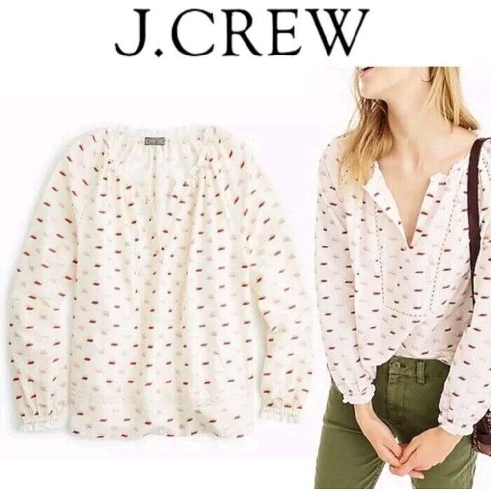 Point Sur J. Crew Size Small Ruffle Neck Popover Metallic Clip Dot Blouse